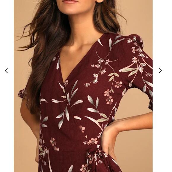 Lulus Wild Winds Burgundy Floral Print High-Low Wrap Dress NWT Size Large - Picture 3 of 8